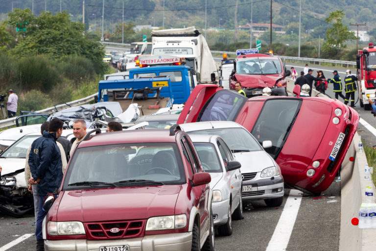 VERIA GREECE - OCTOBER 5 2014:A large truck crashed into a number of cars and 4 people were killed and many were injured in a multi-vehicle collision that occurred on Egnatia Odos.